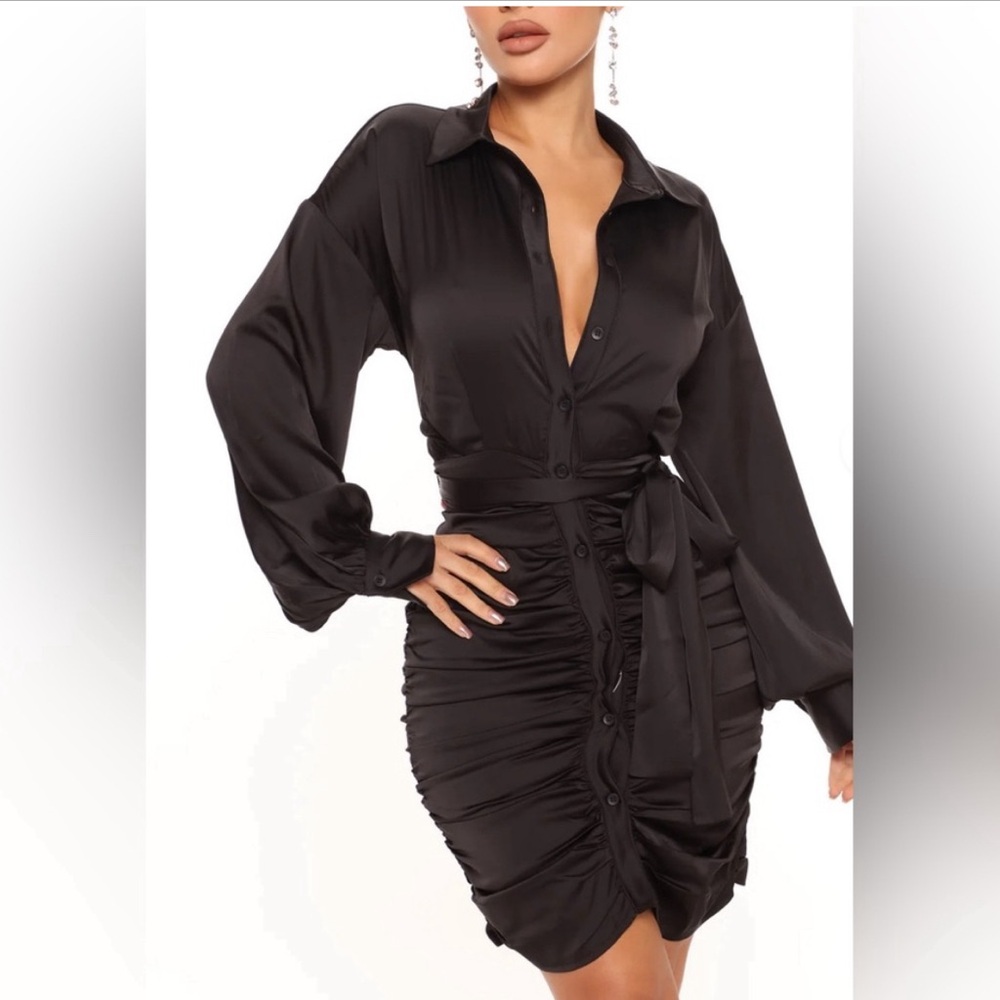 Fashion Nova Black Satin Long Sleeve Dress